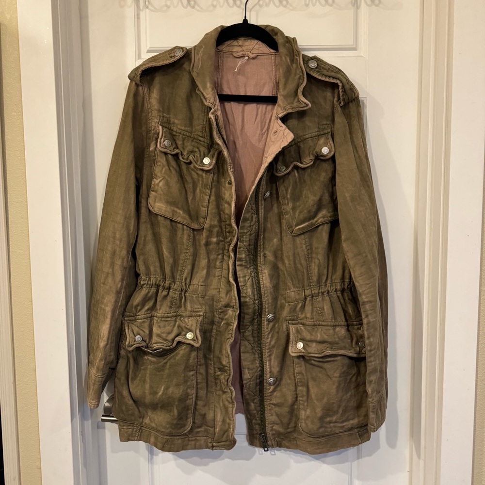 Free People Not Your Brothers Surplus Jacket in Moss Green/Pink